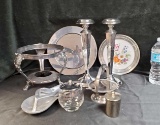 BOX LOT OF SILVER PLATE, CHROME, SHINY SERVING ITEMS