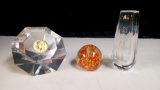 (2) ART GLASS INCLUDING SIGNED PETITE VASE AND HALF DOLLAR IN RESIN GYM