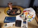 VINTAGE TRAY OF MANLY ITEMS INCLUDING COLOGNE, MICHELOB TRAY, ASHTRAYS AND MATCHBOOKS