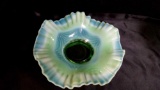 Lovely Green Opalescent Ruffled Edge Bowl, No markings