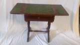 OLD DOUBLE SIDED DROP LEAF SIDE TABLE, GREEN LEATHER TOP INLAY