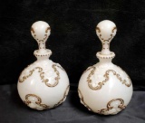 Antique Set of (2) Victorian Floral Embossed Milk Glass Barber Bottles