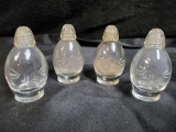 (4) VINTAGE MID-CENTURY GLASS SALT AND PEPPER SHAKERS, ETCHED FLOWER