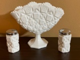 Westmoreland Old Quilt - White Milk Glass - Scalloped Edge Pinched Fan Vase and Salt/Pepper Shaker