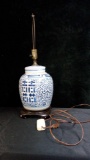 VINTAGE CERAMIC PORCELAIN BLUE AND WHITE, EAST ASIAN STYLE LAMP, NO SHADE