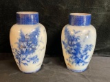 Pair Vintage ceramic blue and white vases with gold trim