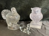 Grouping of glass collectibles - Turkey dish, heavy owl piece and glass bunny