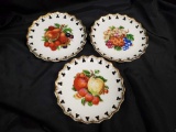 Trio of Decorative Fruit Plates - Reticulated Border - Gold Accents