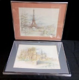 (2) 1980s Eiffel Tower and Notre Dame Parisian Scene Signed Prints by Bernadette Voz, Framed