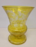 Antique BOHEMIAN YELLOW Cut-To-Clear Large Footed GLASS VASE Vintage