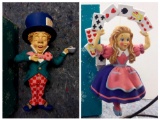 (2) VINTAGE '90S DEPARTMENT 56 ALICE IN WONDERLAND ORNAMENTS, MAD HATTER, ALICE WITH CARDS