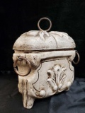 TRI-FOOTED DECORATIVE GARDEN POT, LIDDED, RINGS