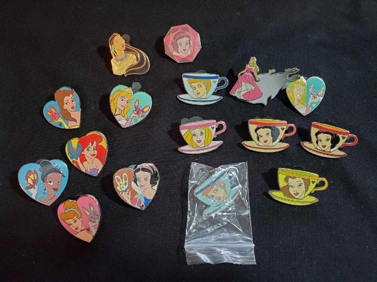 GROUP OF DISNEY PRINCESSES TRADING PIN, TEACUP, HEART, HIDDEN MICKEY