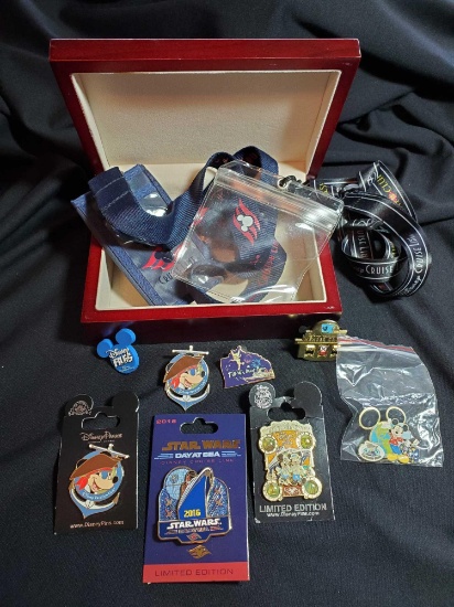 Disney Vacation Club Wooden Box with Lanyards and Pins, Some New with Backers Some in Plastic