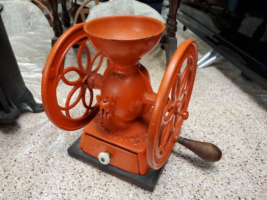 Vintage Enterprise two-wheel cast-iron coffee mill / grinder, bright and orange