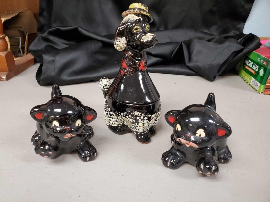Vintage Redware Pottery Black Cat Salt and Pepper Shakers, Poodle Pepper and Salt bowl