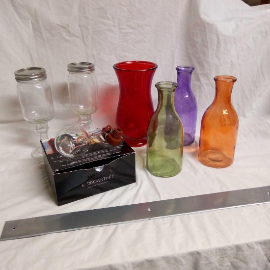 NEW YEARS GROUP, COLORED GLASS, MASON GOBLETS, IL DECANTINO FOR WINE