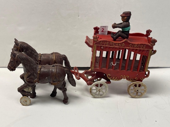 Cast Iron Overland Circus Wagon Toy with Coach, Driver, and Pair of Horses