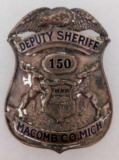 VINTAGE DEPUTY SHERIFF 150 TUEBOR MACOMB CO MICHIGAN, HALLMARK "DETROIT" BADGE