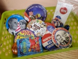 Basket of vintage pins including political, School, Book it, Muppets