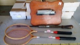 (4) Pc Group Including Model Railroads Sign, Rackets, and Large Tool