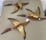 Vintage 3 Masketeers Ducks Geese Birds Flying set wood Brass wall art