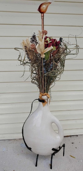 Large Ceramic Vase in iron cradle with Floral Arrangement and Blown Glass Bird on Rod