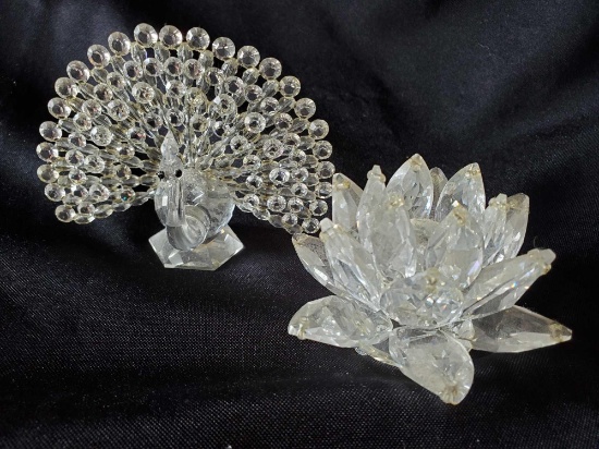 (2) Vintage Crystal pieces, Swarovski(?) Lotus Flower, Peacock