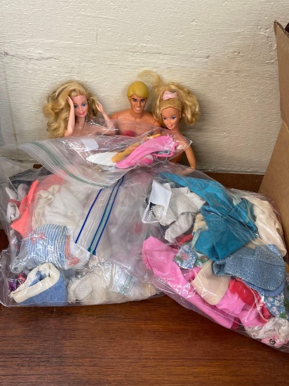 Party of 3! Box of Vintage Barbie and Ken Dolls with clothing