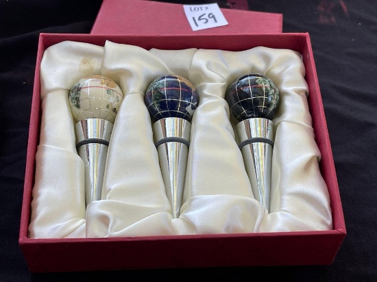 Set a 3 boxed, gemstone globe wine stoppers