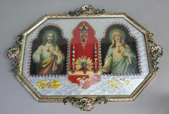 ANTIQUE IMMACULATE HEART OF MARY, SACRED HEART OF JESUS ICON WITH CONVEX GLASS