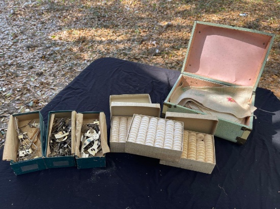 Vintage Sewing - cute storage box full of needlepoint supplies including Maxine attachments and