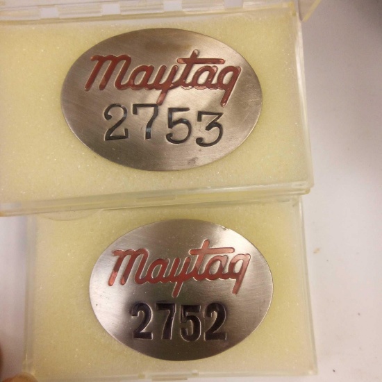 (2) Vintage Maytag Co. Employee badges, No. 2752, 2753