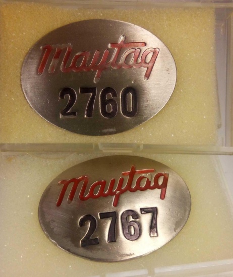 (2) Vintage Maytag Co. Employee badges, No. 2760, 2767