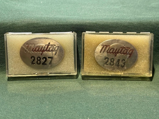 (2) Vintage Maytag Co. Employee badges, No. 2827, 2843