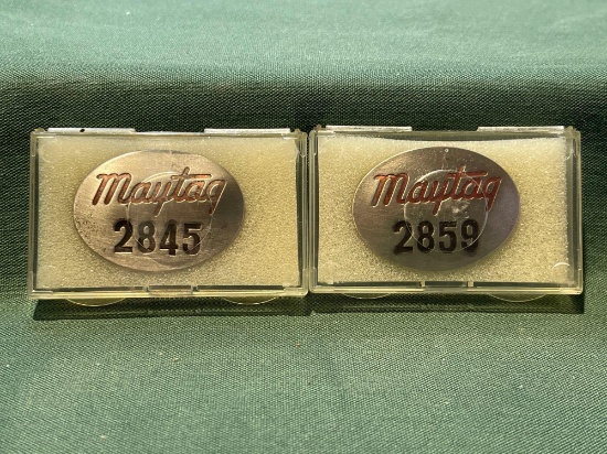 (2) Vintage Maytag Co. Employee badges, No. 2845, 2859