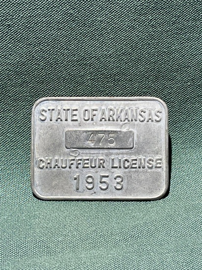 1953 CHAUFFEUR LICENSE BADGE, ARKANSAS, No. 475