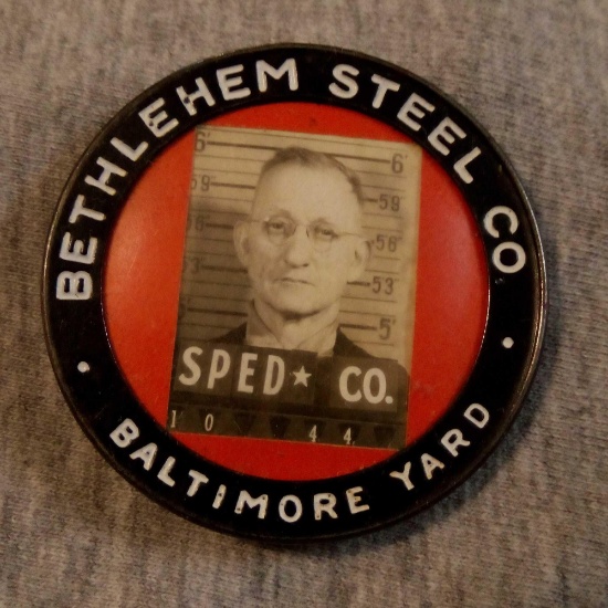Early 1900s BETHLEHEM STEEL CO, Baltimore,Yard. Employee/Worker Badge, No. 1044 SPED CO, w/ Photo