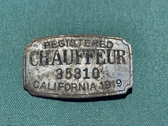 ANTIQUE 1919 REGISTERED CHAUFFEUR BADGE, CALIFORNIA, No. 35310