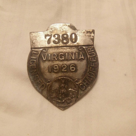 1926 LICENSED CHAUFFEUR BADGE, VIRGINIA, NO 7380