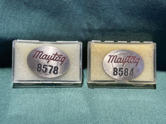 (2) Vintage Maytag Co. Employee badges, No. 8578, 8584