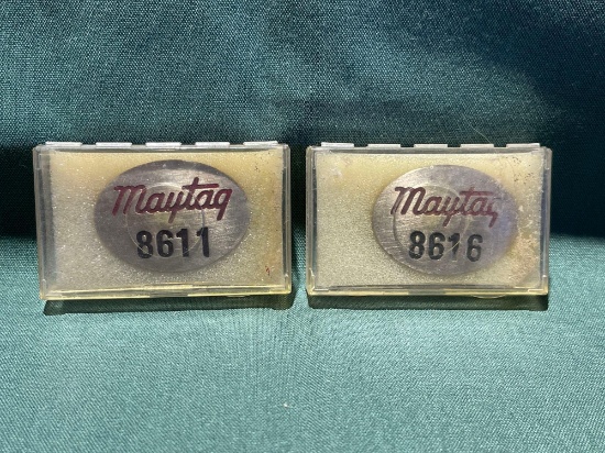 (2) Vintage Maytag Co. Employee badges, No. 8611, 8616