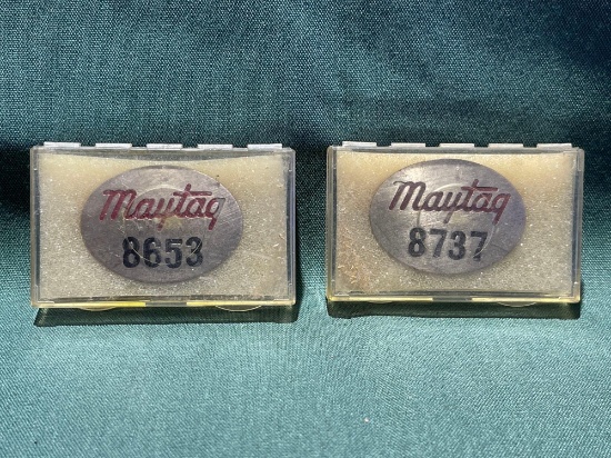 (2) Vintage Maytag Co. Employee badges, No. 8653, 8737