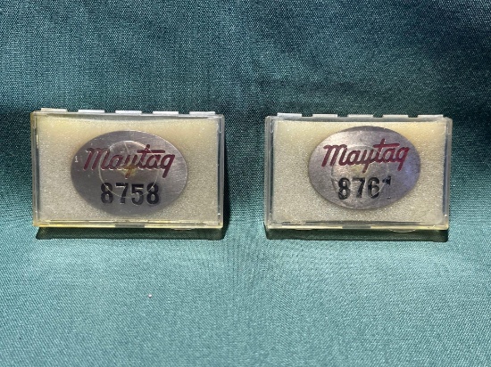 (2) Vintage Maytag Co. Employee badges, No. 8758, 8761