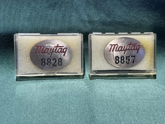 (2) Vintage Maytag Co. Employee badges, No. 8828, 8857