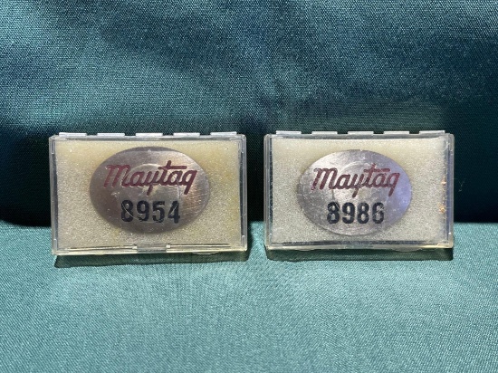 (2) Vintage Maytag Co. Employee badges, No. 8954, 8986