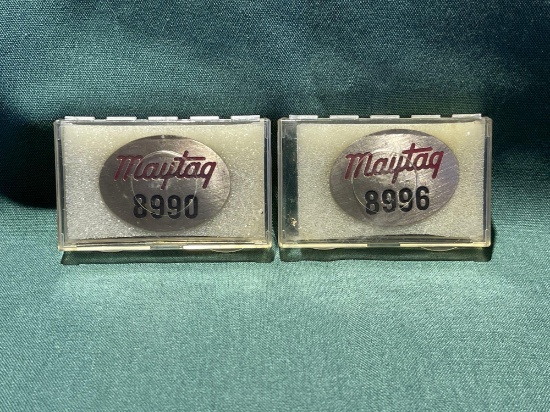 (2) Vintage Maytag Co. Employee badges, No. 8990, 8996