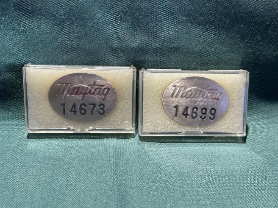 (2) Vintage Maytag Co. Employee badges, No. 14673, 14699