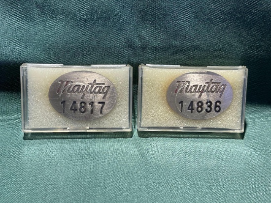 (2) Vintage Maytag Co. Employee badges, No. 14817, 14836