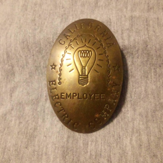 VINTAGE EARLY 1900S CALIFORNIA ELECTRIC COMPANY EMPLOYEE BADGE, LIGHT BULB
